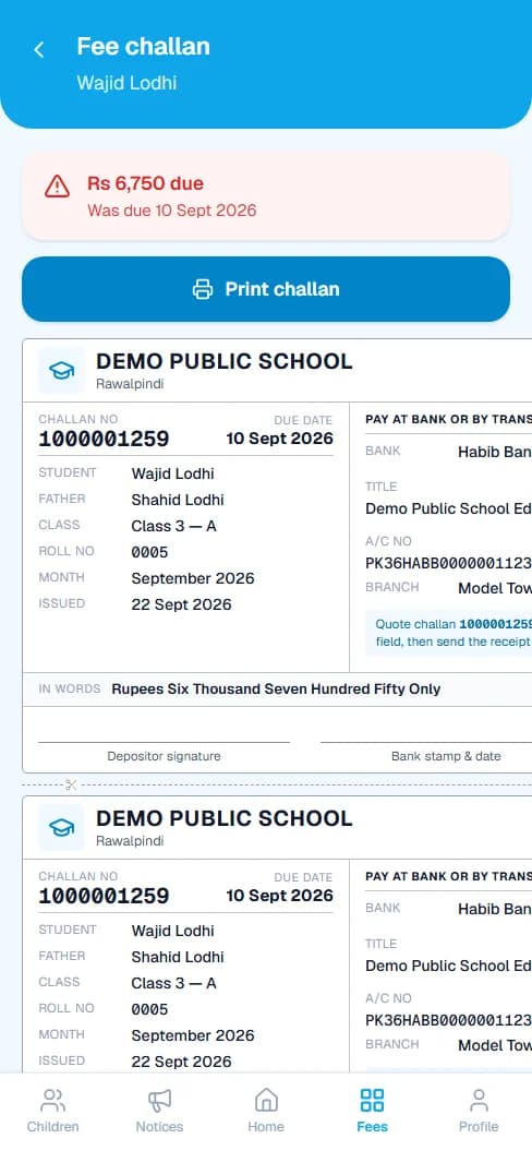 A fee challan in the parent app
