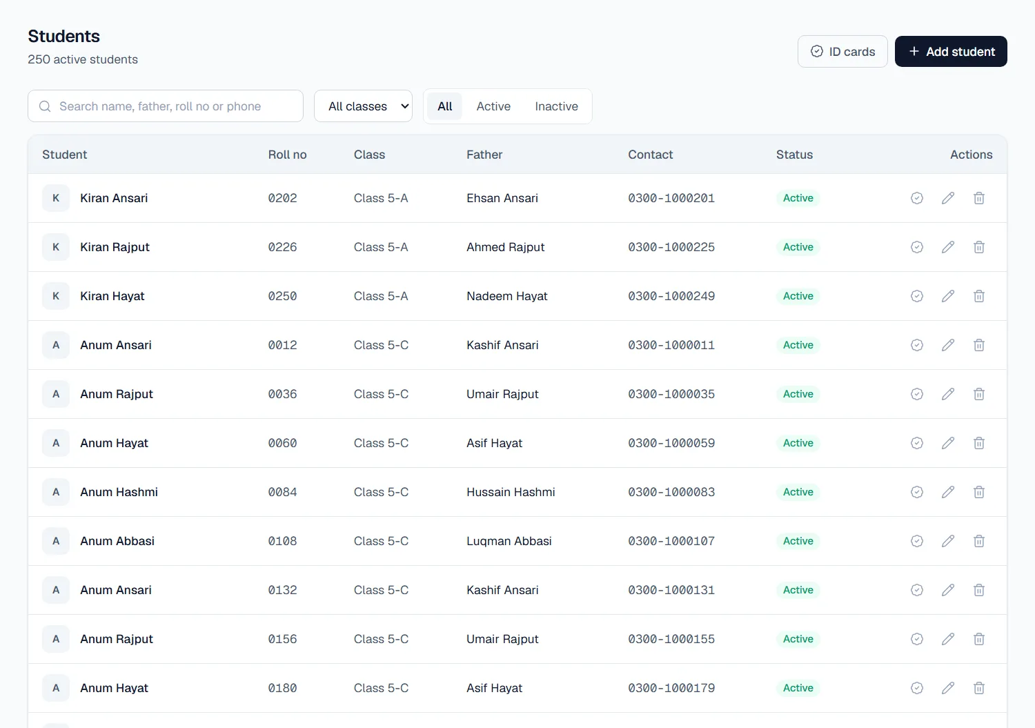 The student list, with 250 active students