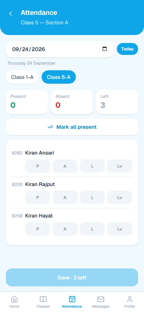Marking attendance in the teacher app