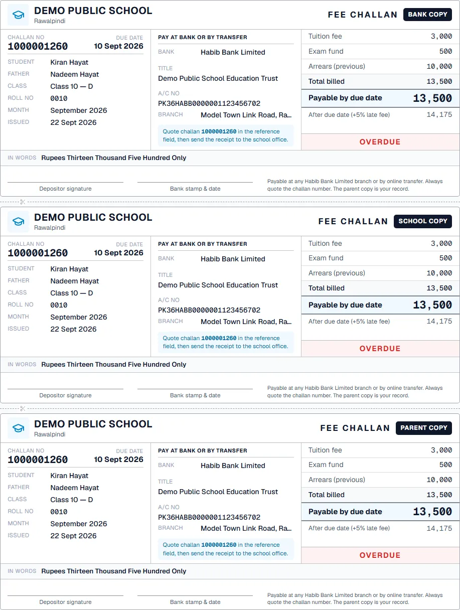 A printed EDIX fee challan with bank, school and parent copies