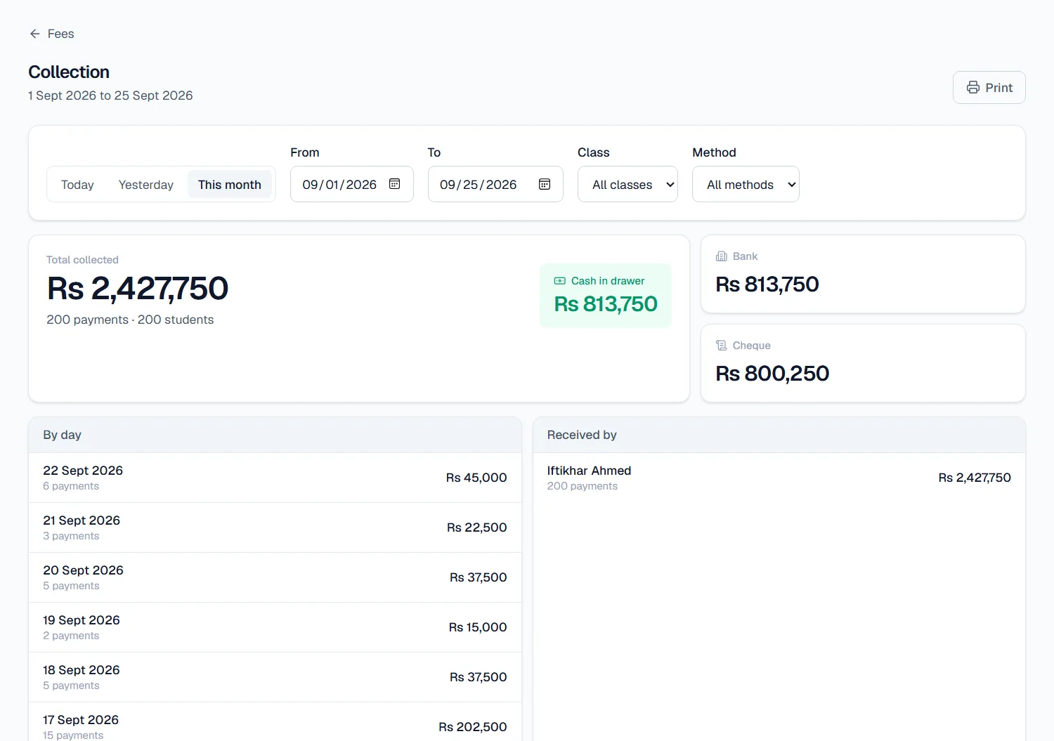 The fee collection report for September, split into cash, bank and cheque