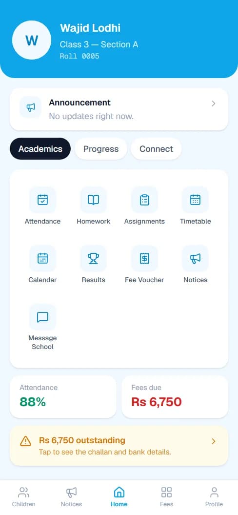 The EDIX parent app home screen